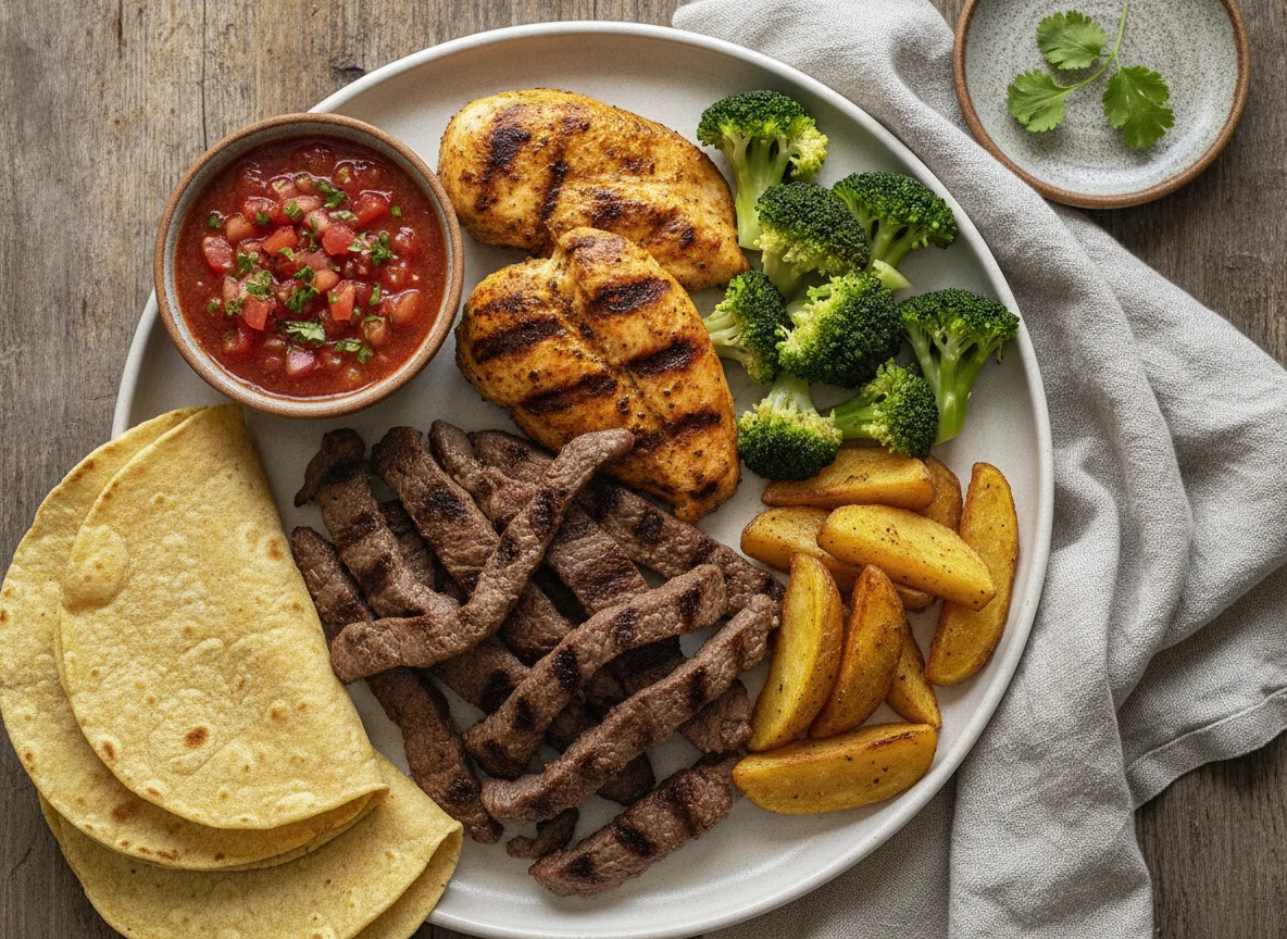 Plato mixto con carne, pollo, brócoli, papas y tortillas photo