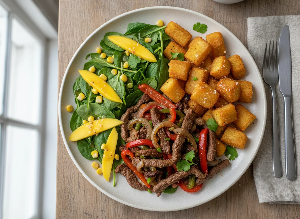 Plato mixto con carne salteada, ensalada y yuca frita photo