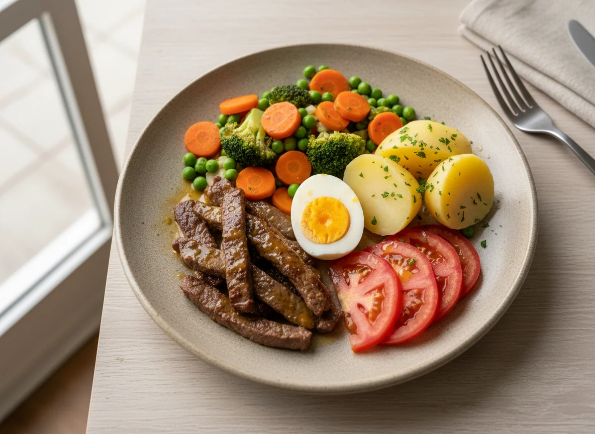 Plato mixto con carne, vegetales, papa y huevo photo