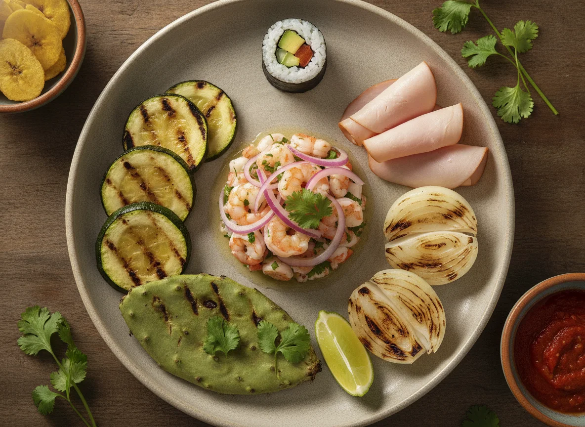Plato mixto con ceviche de camarón, verduras a la parrilla y complementos photo