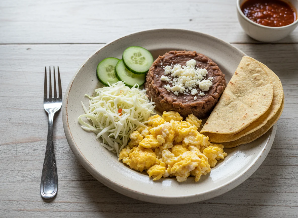 Plato mixto con huevo y frijoles photo