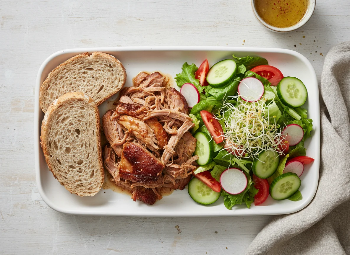 Plato mixto con pan, ensalada y carne photo