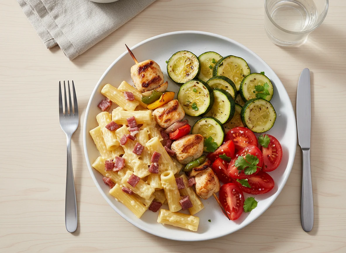 Plato mixto con pasta, carne y vegetales photo