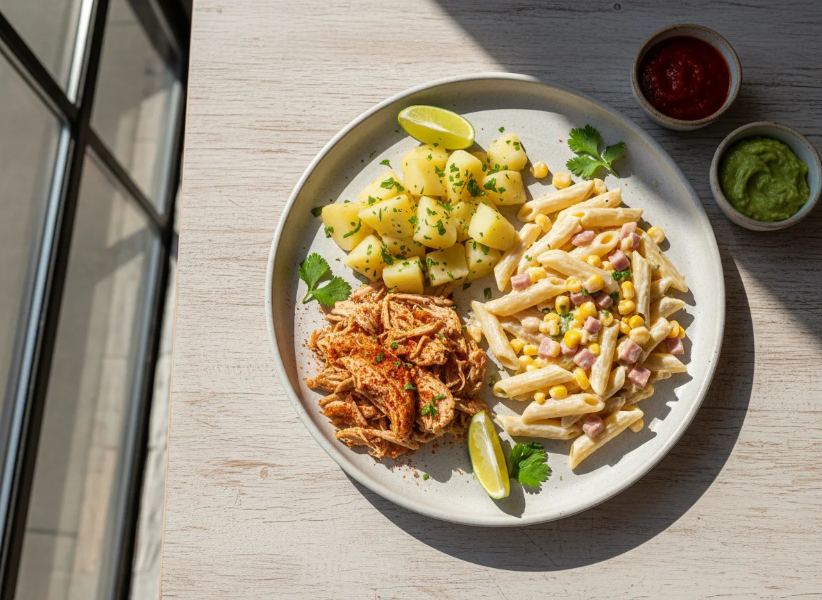 Plato mixto con pavo y pasta photo