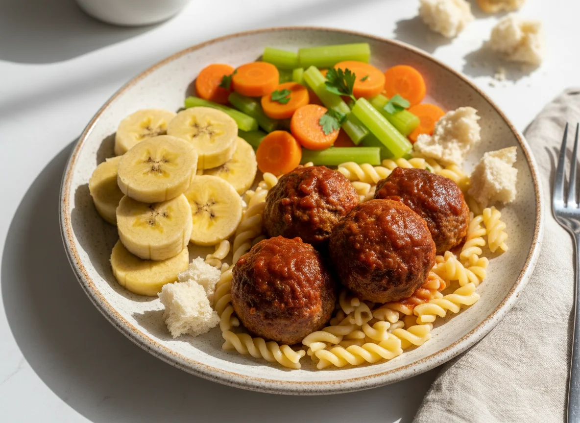 Plato mixto con plátano cocido, vegetales y albóndigas con pasta photo