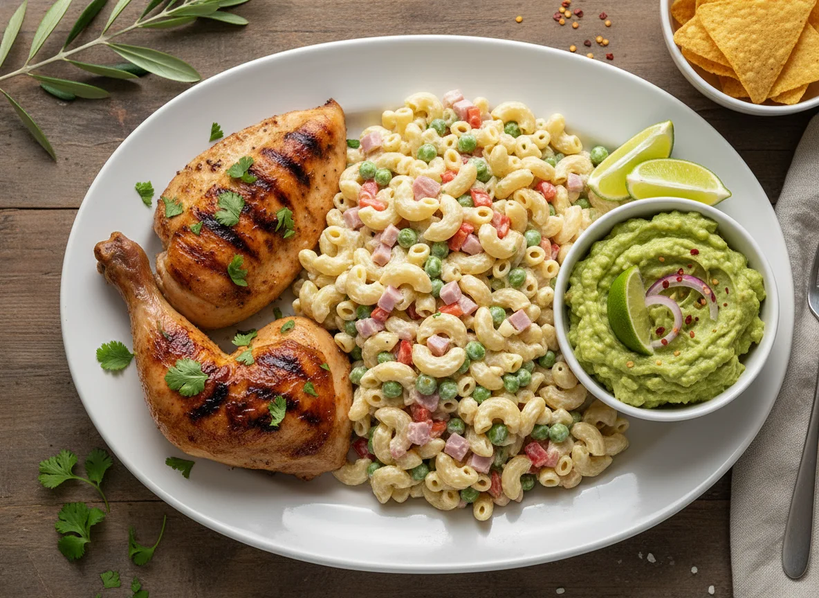 Plato mixto con pollo asado, ensalada de pasta y guacamole photo