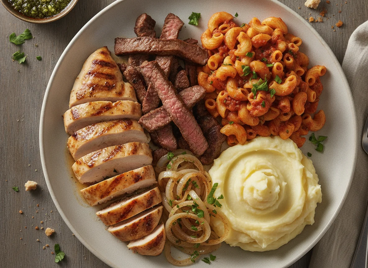 Plato mixto con pollo, carne, pasta y puré photo