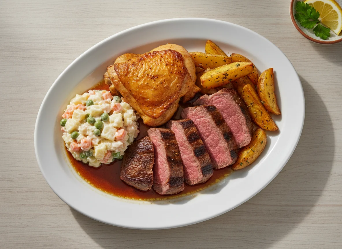 Plato Mixto con Pollo, Carne y Ensalada Rusa photo
