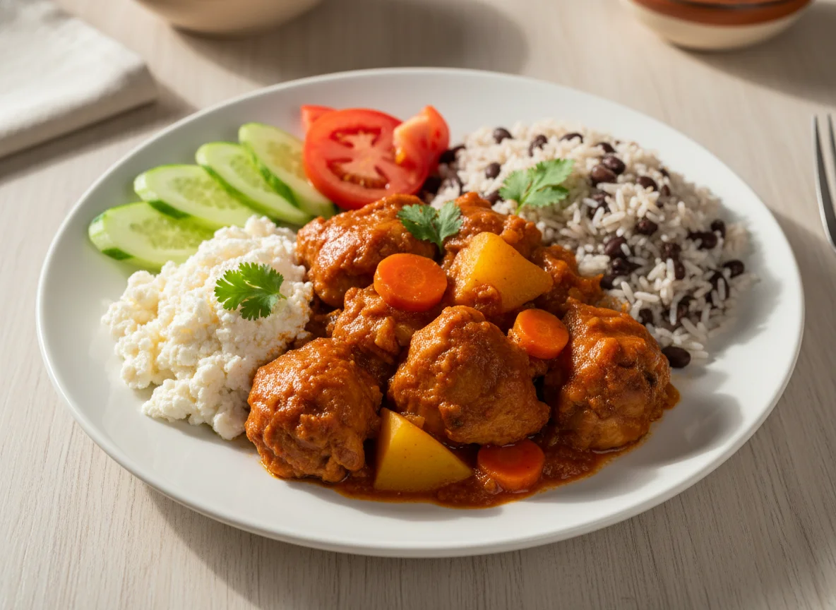 Plato mixto con pollo guisado photo