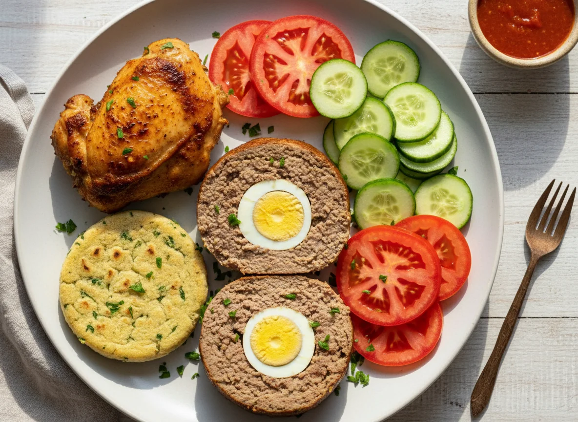 Plato mixto con rollo de carne y ensalada photo