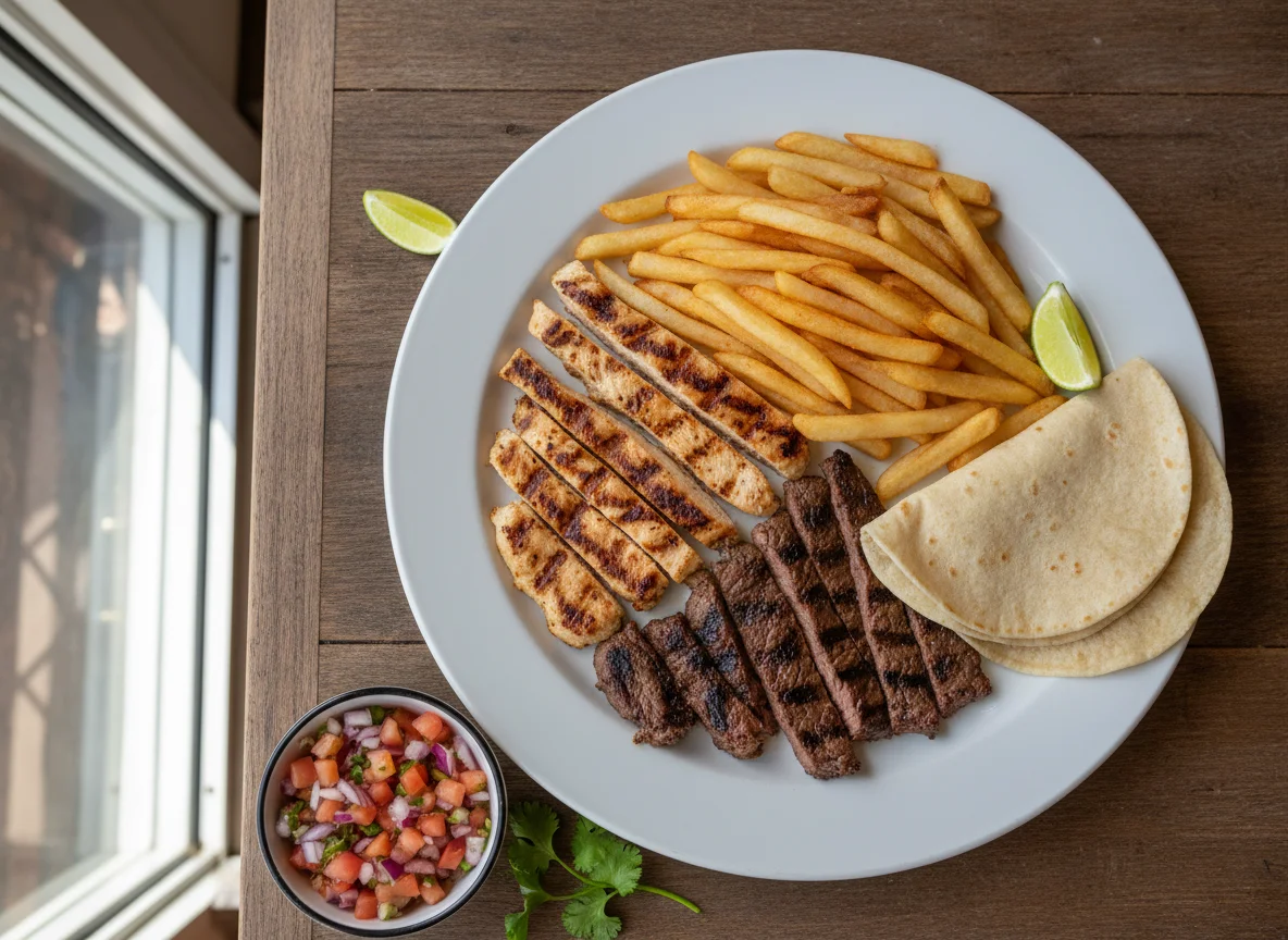 Plato mixto de carne y pollo con papas fritas y pico de gallo photo