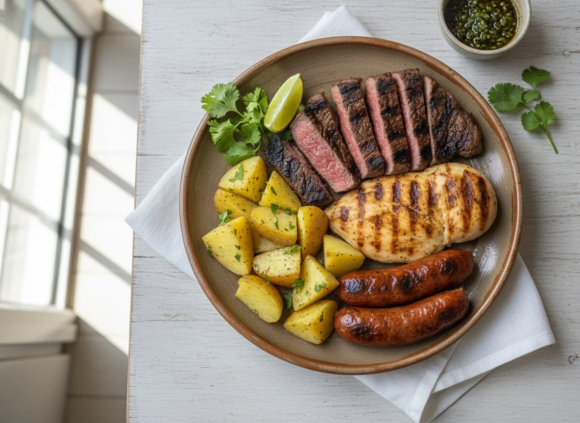 Plato mixto de carnes y papas photo