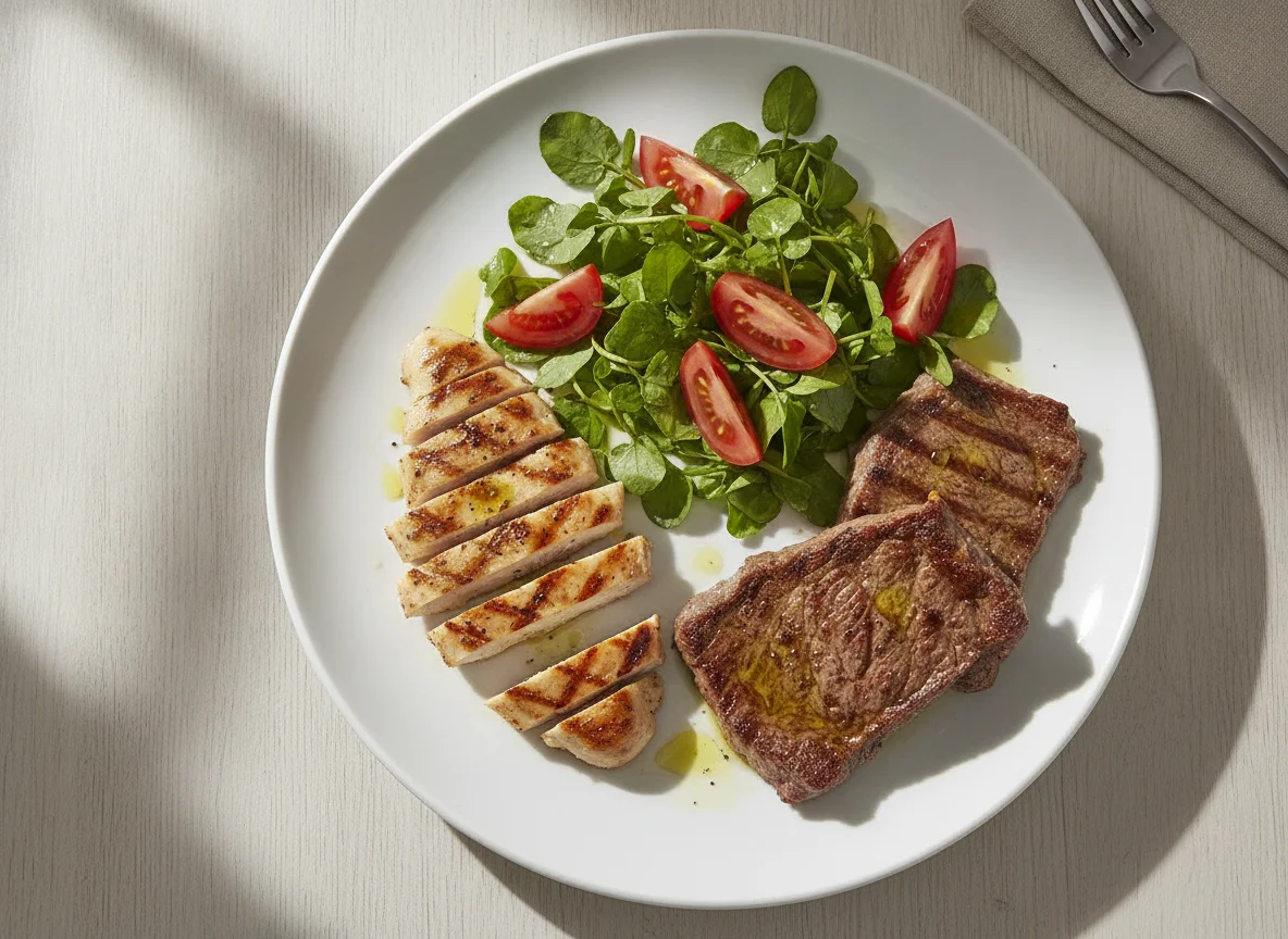 Plato mixto de proteínas con ensalada photo