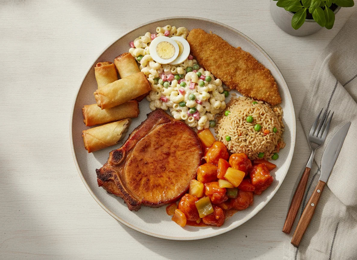 Plato mixto estilo buffet con rollos primavera y pasta photo