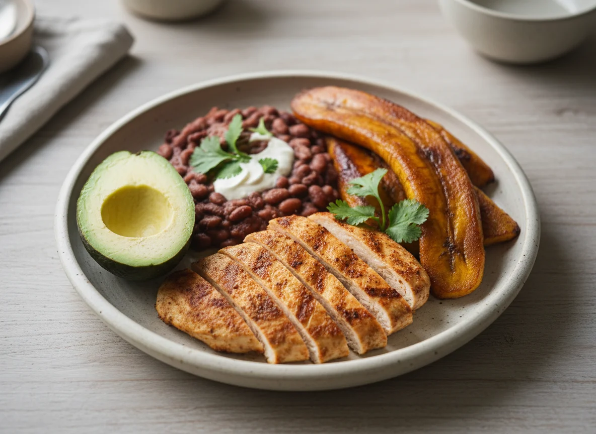 Plato nicaragüense con aguacate, frijoles, pollo y plátano maduro photo