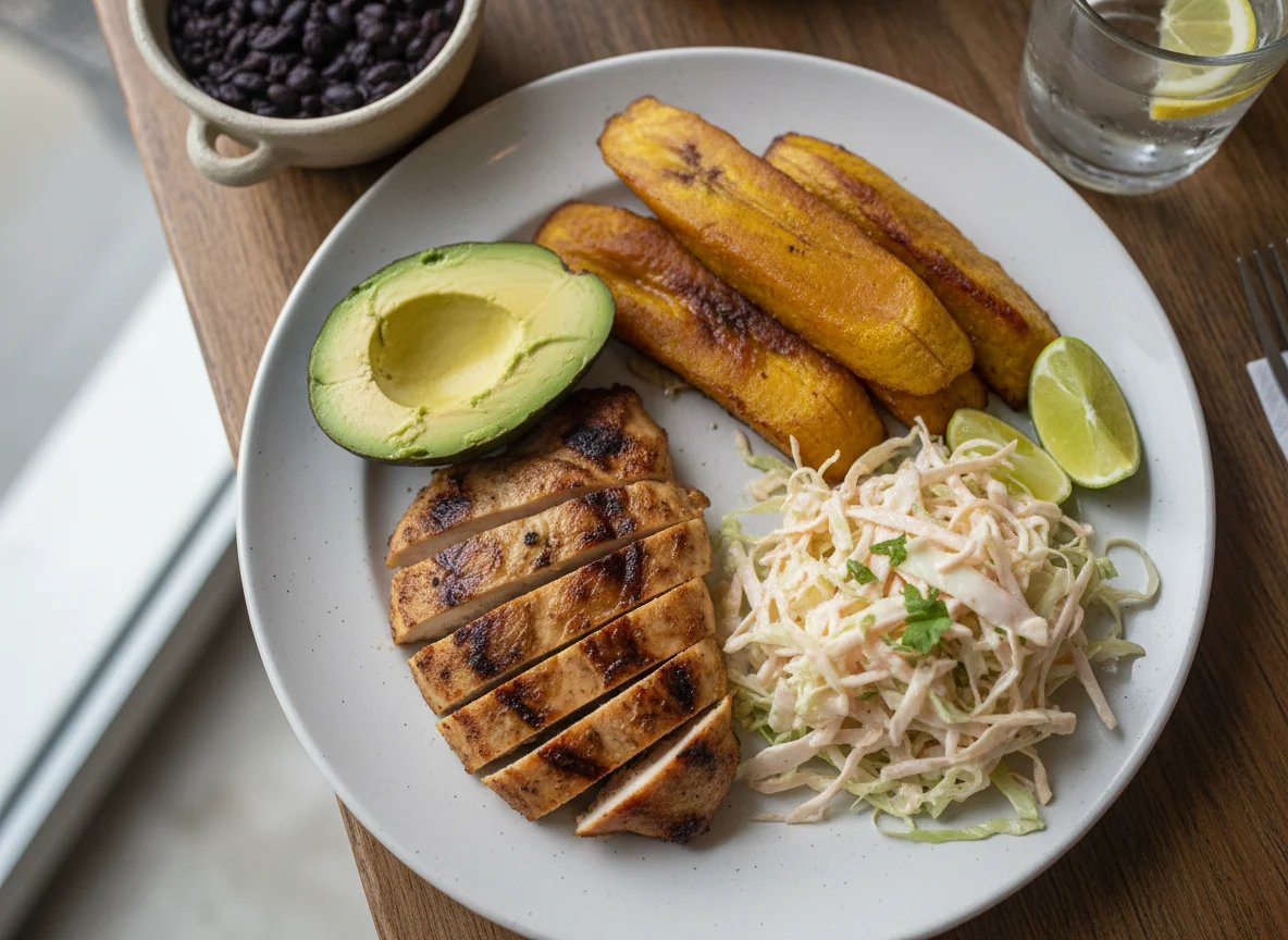 Plato nicaragüense con aguacate, plátano y pollo photo