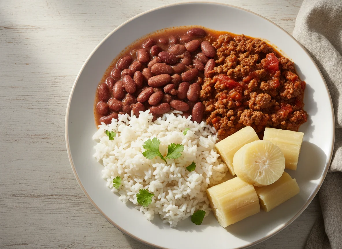 Plato nicaragüense con arroz, frijoles, carne y yuca photo