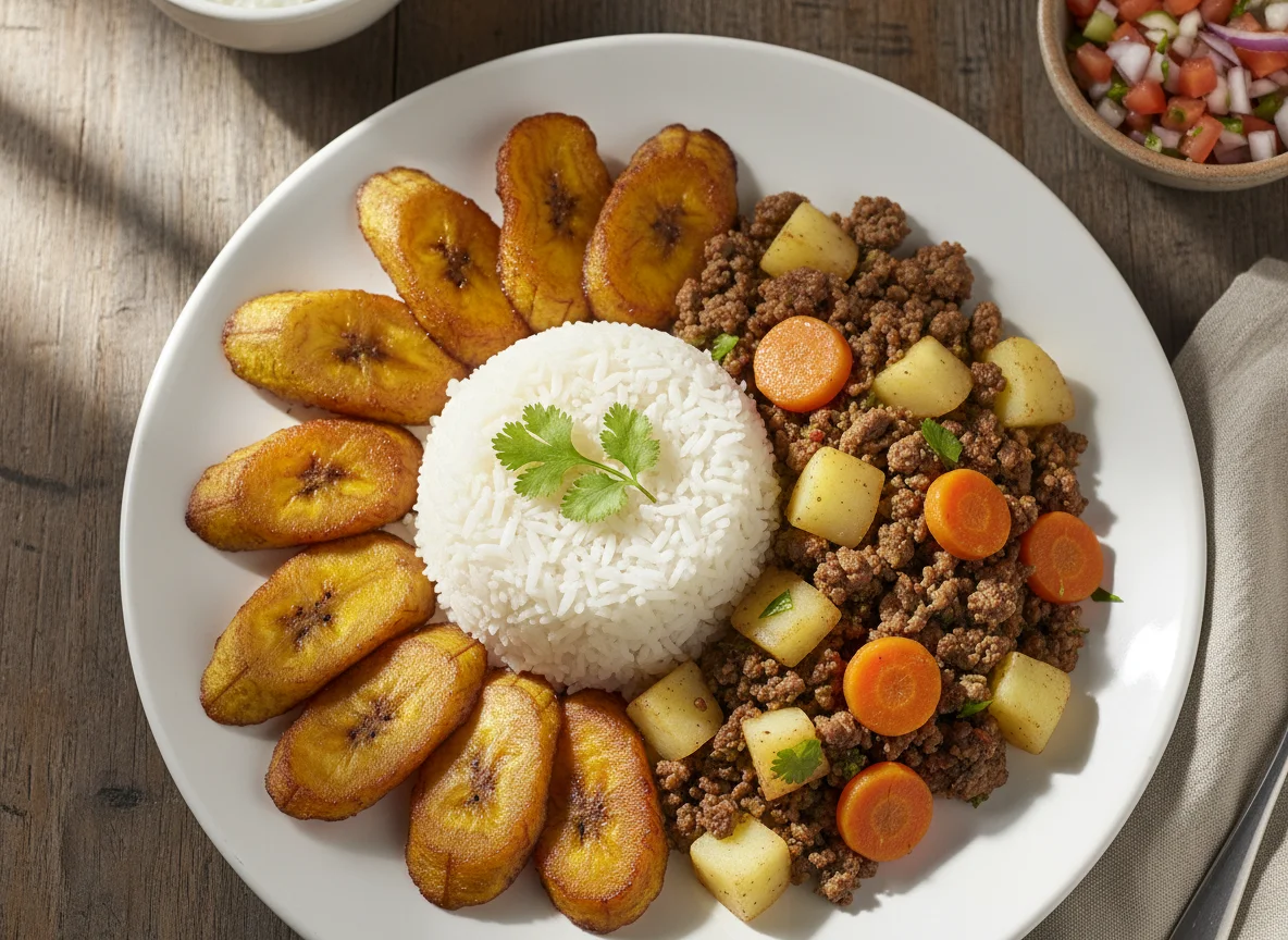Plato nicaragüense con carne molida, arroz y tajadas photo