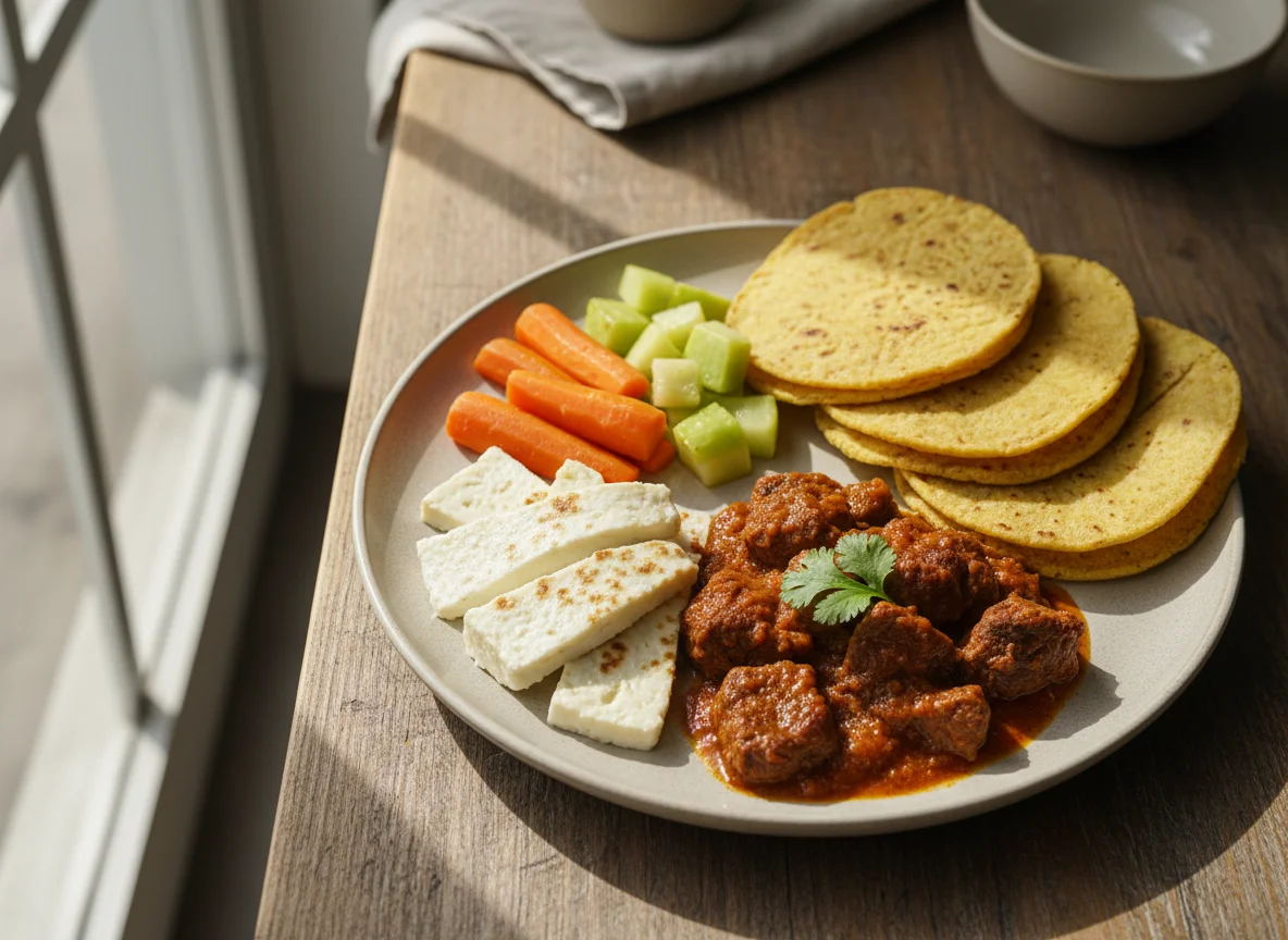 Plato nicaragüense con carne, queso, tortilla y vegetales photo