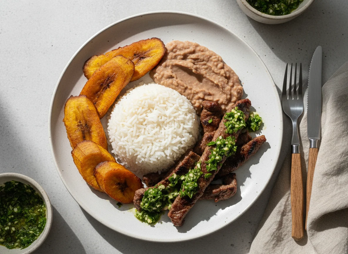 Plato nicaragüense con carne y arroz photo
