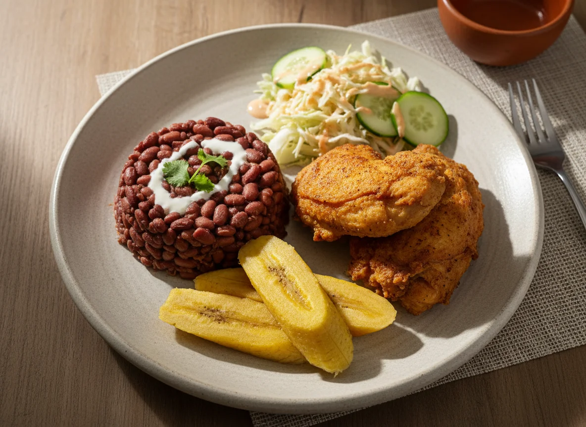 Plato nicaragüense con frijoles, pollo frito, plátano cocido y ensalada photo