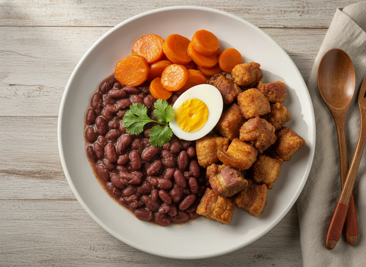 Plato nicaragüense con frijoles, zanahorias y carne photo