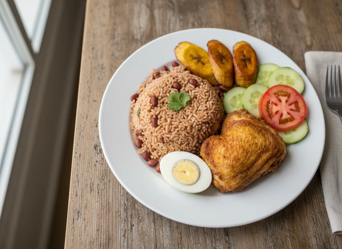 Plato nicaragüense con gallo pinto, pollo, plátano frito y ensalada photo