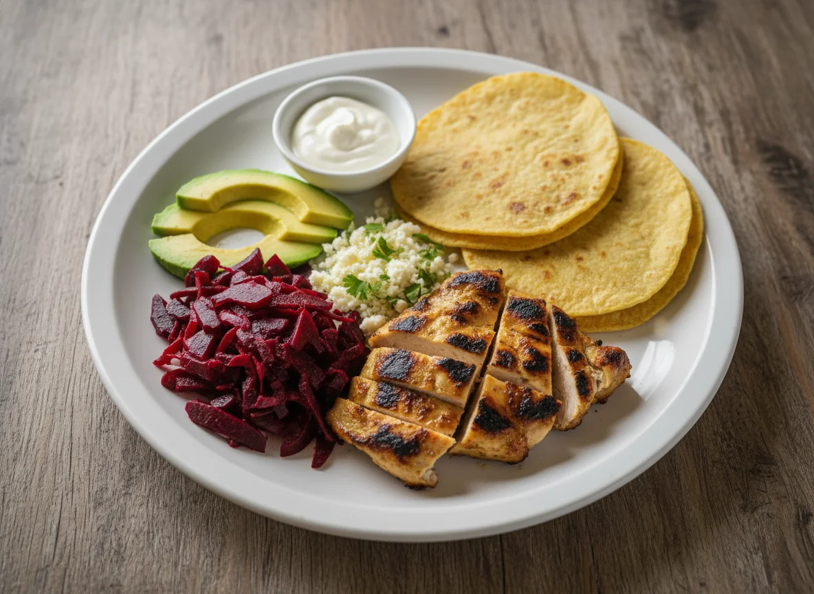 Plato nicaragüense con pollo, aguacate, remolacha y tortillas photo
