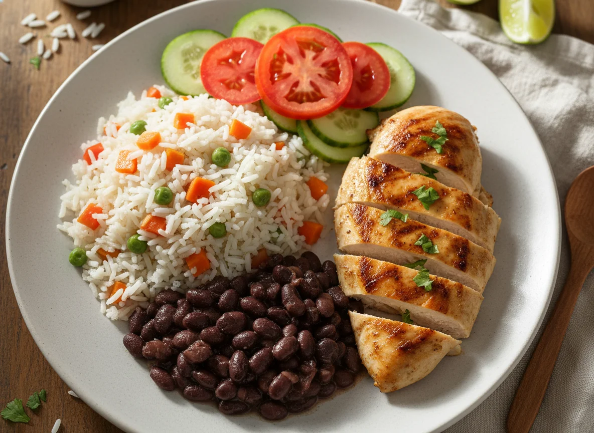 Plato nicaragüense con pollo, arroz, frijoles y ensalada photo