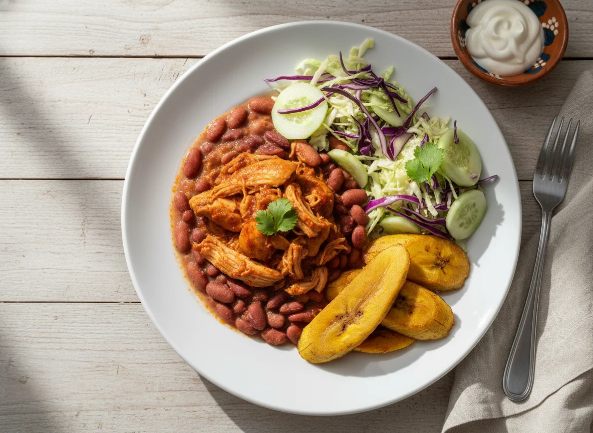Plato nicaragüense con pollo, frijoles y ensalada photo