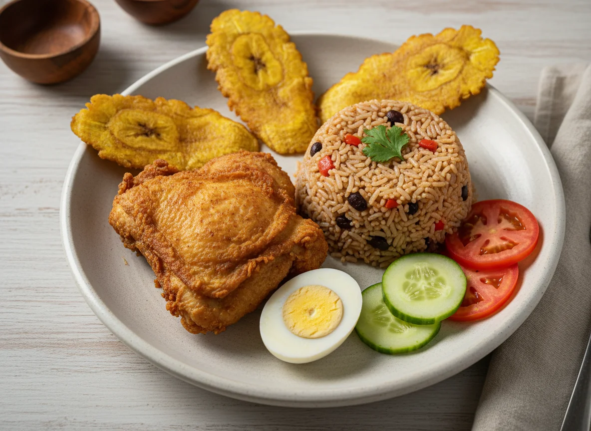 Plato nicaragüense con pollo, gallo pinto y tostones photo