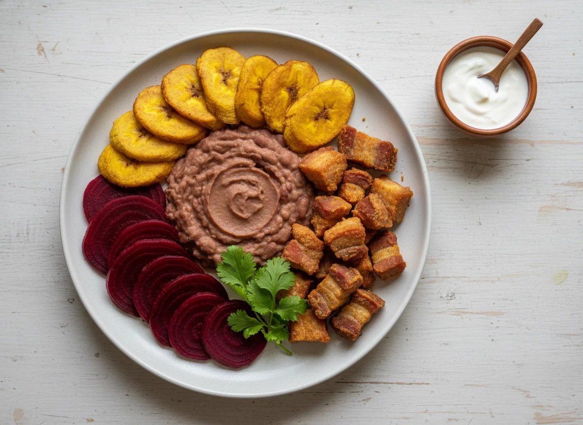 Plato nicaragüense con remolacha, plátano frito, frijoles y carne photo
