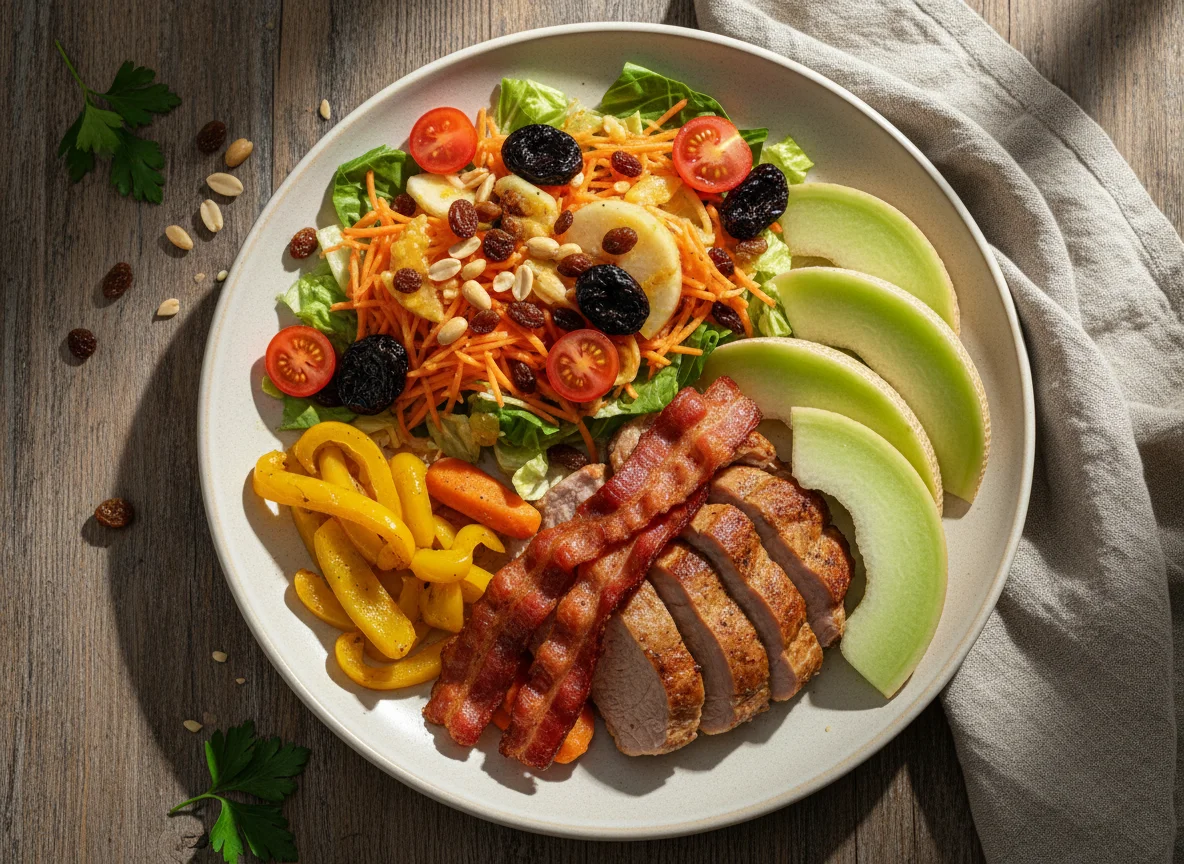 Plato principal con ensalada mixta y melón photo