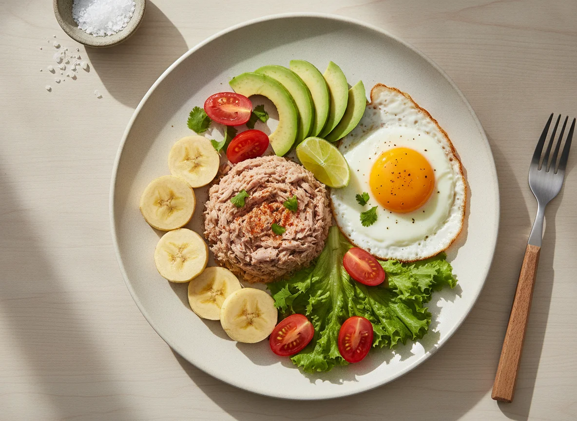 Plato saludable con atún, huevo y banano photo