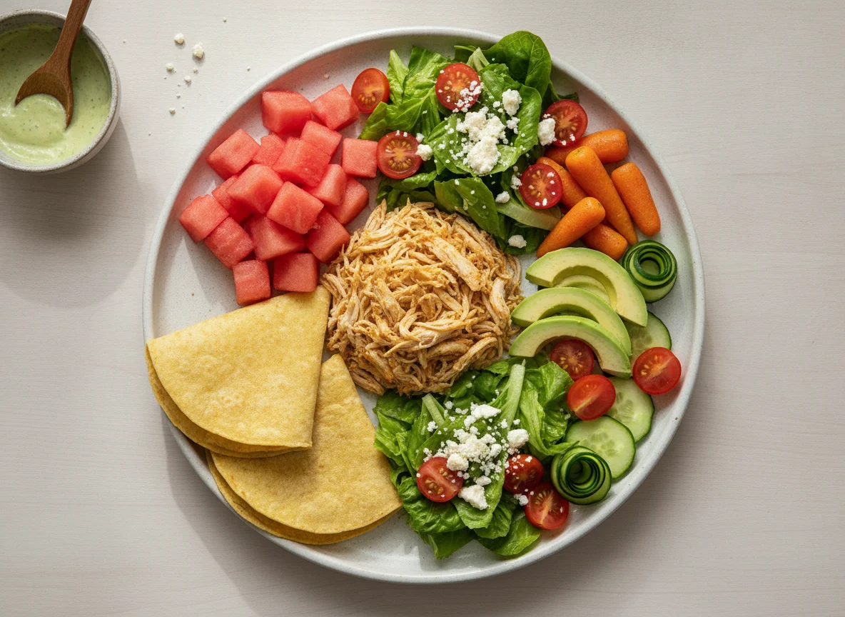 Plato saludable con pollo, tortilla y vegetales photo