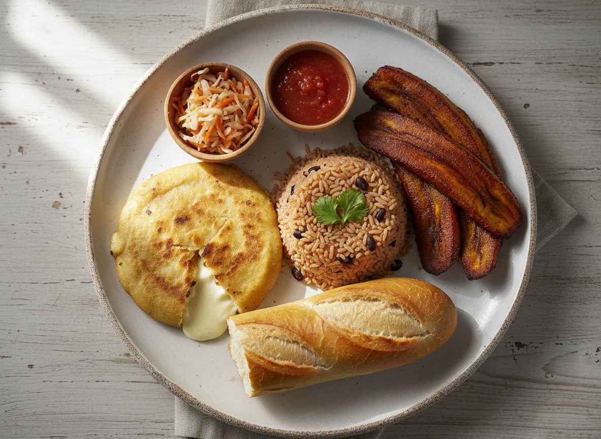 Plato salvadoreño con pupusa, arroz con frijoles, plátanos fritos y pan photo