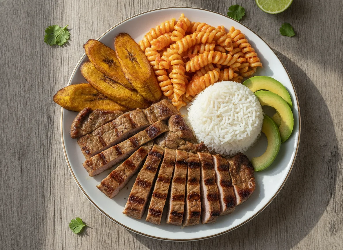 Plato típico con carne asada, arroz, pasta y tajadas photo