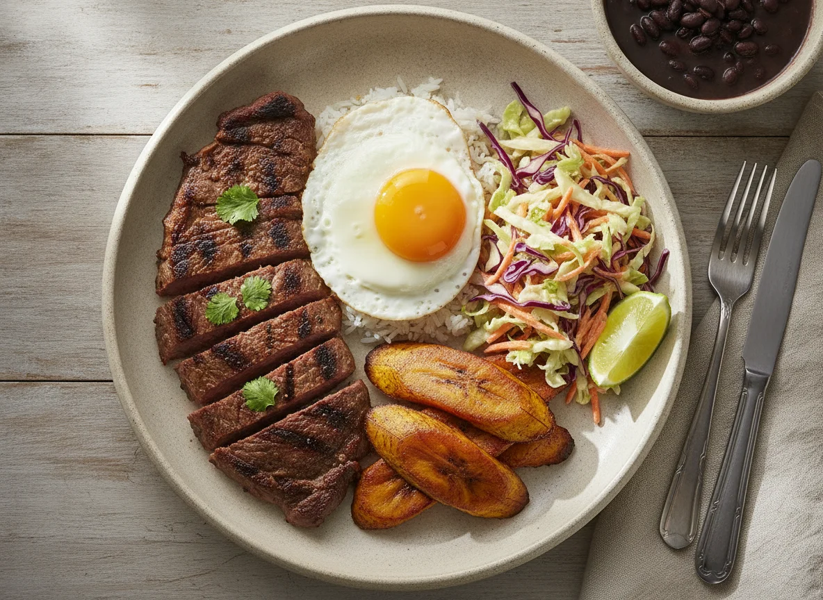 Plato típico con carne, huevo, plátano y ensalada photo