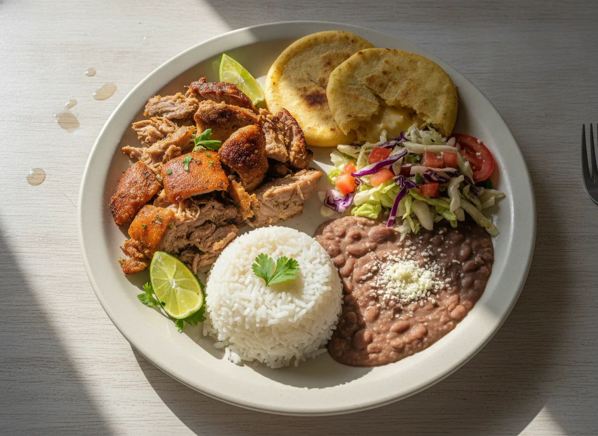 Plato típico con cerdo, arroz, frijoles y pupusas photo