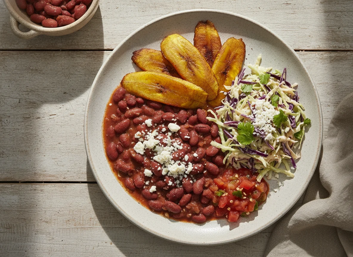 Plato típico con frijoles, plátano y ensalada de repollo photo