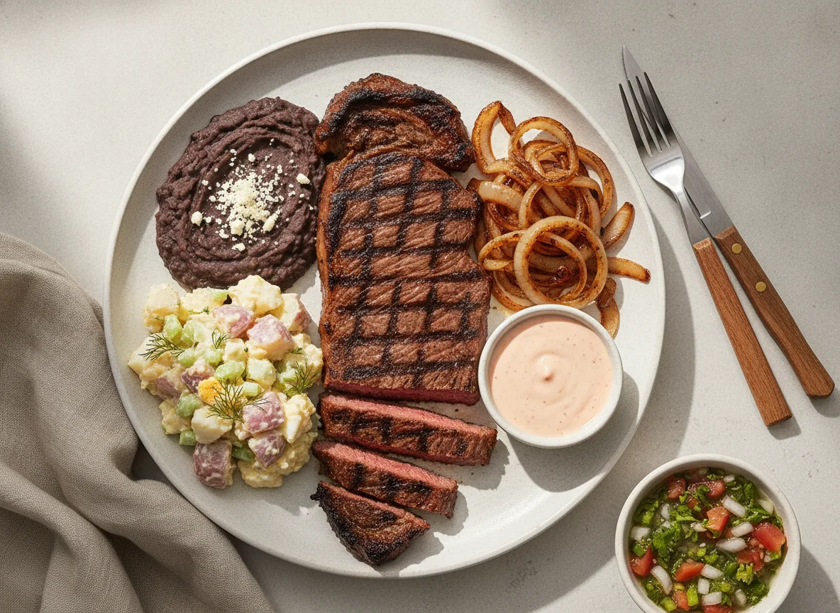 Plato típico de carne asada con guarniciones photo
