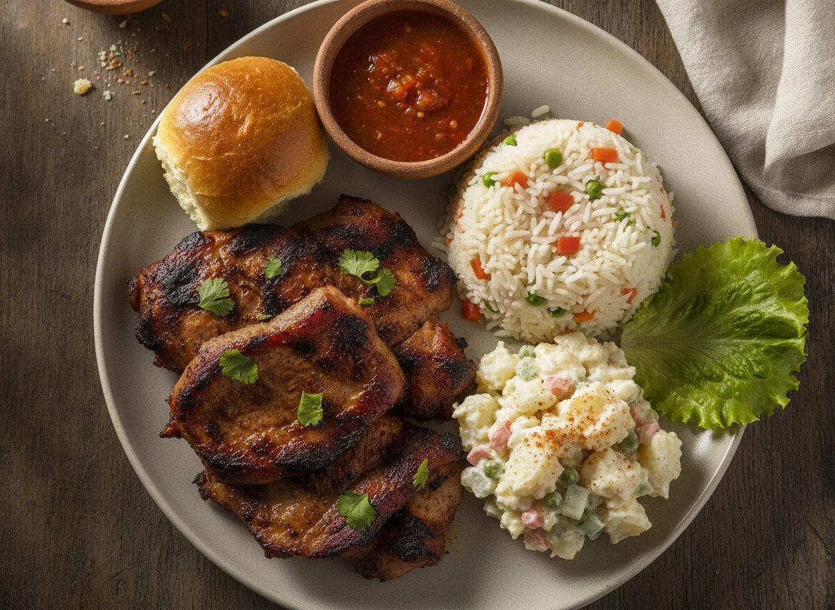Plato típico guatemalteco con carne, arroz y ensalada de papa photo