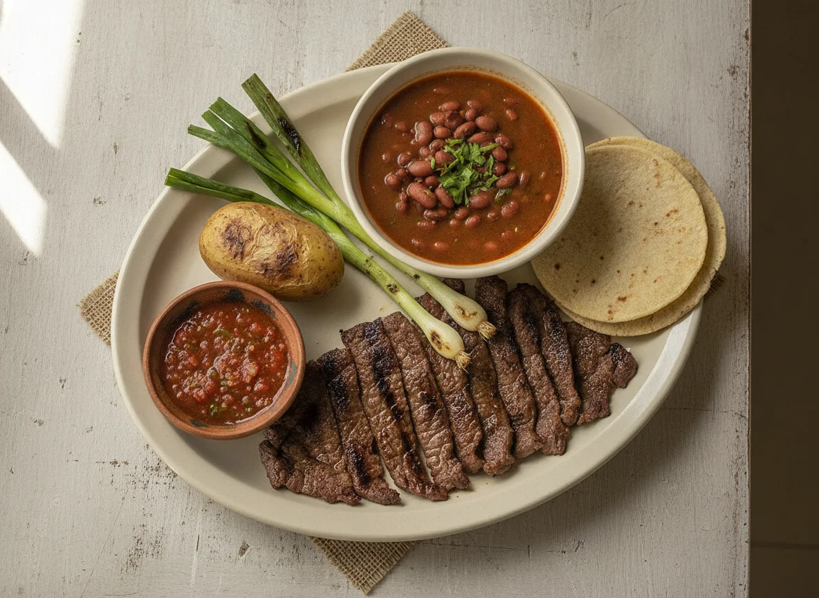 Plato típico guatemalteco con carne asada, frijoles y cebollines photo