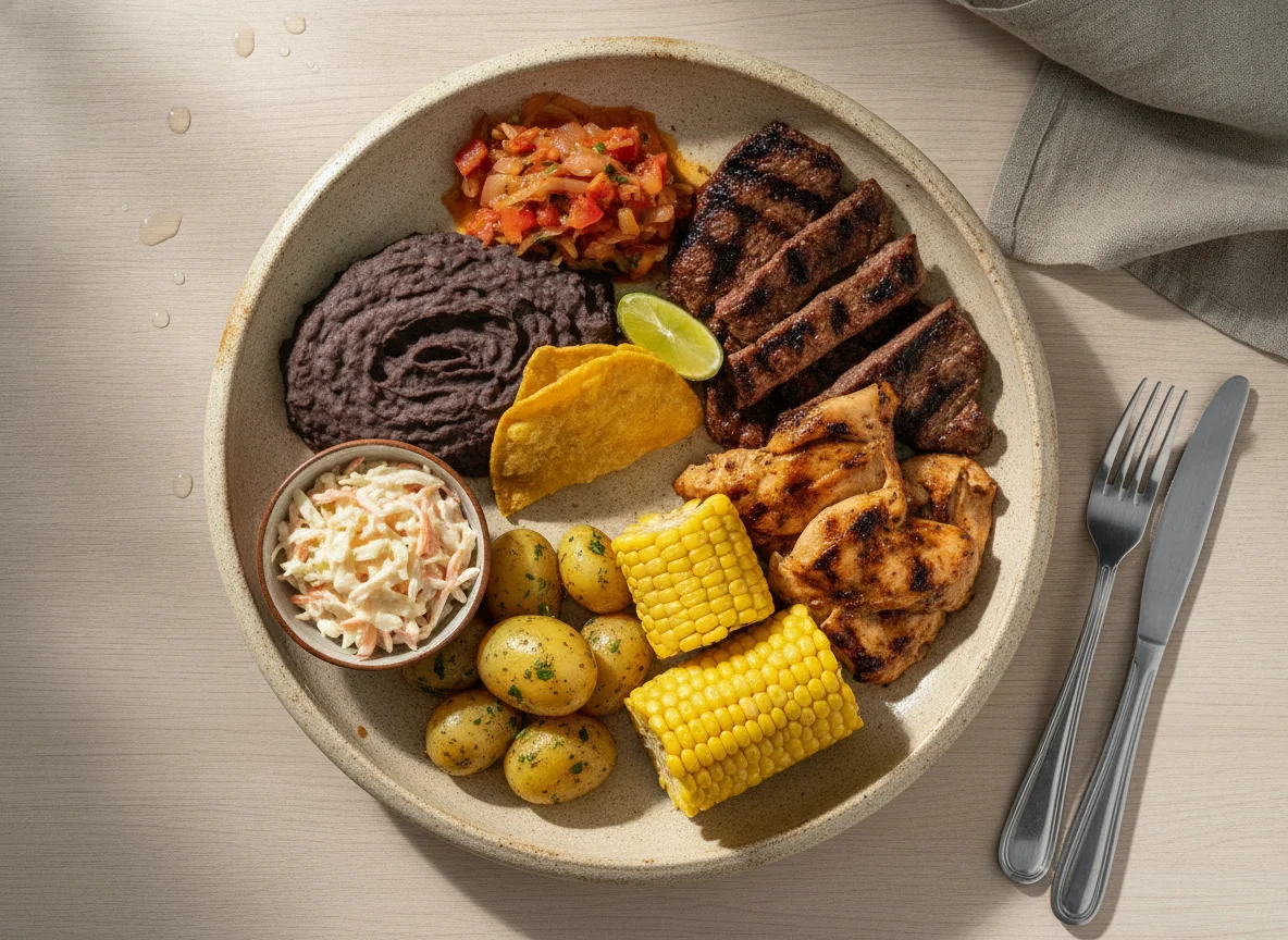 Plato típico guatemalteco con carne asada y guarniciones photo