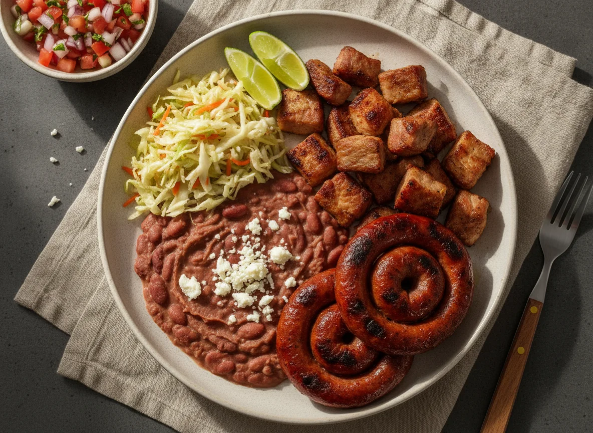 Plato típico hondureño con carne asada y chorizo photo