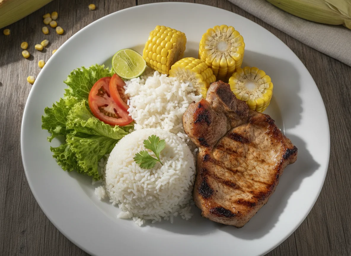 Plato típico hondureño con cerdo, arroz y elote photo
