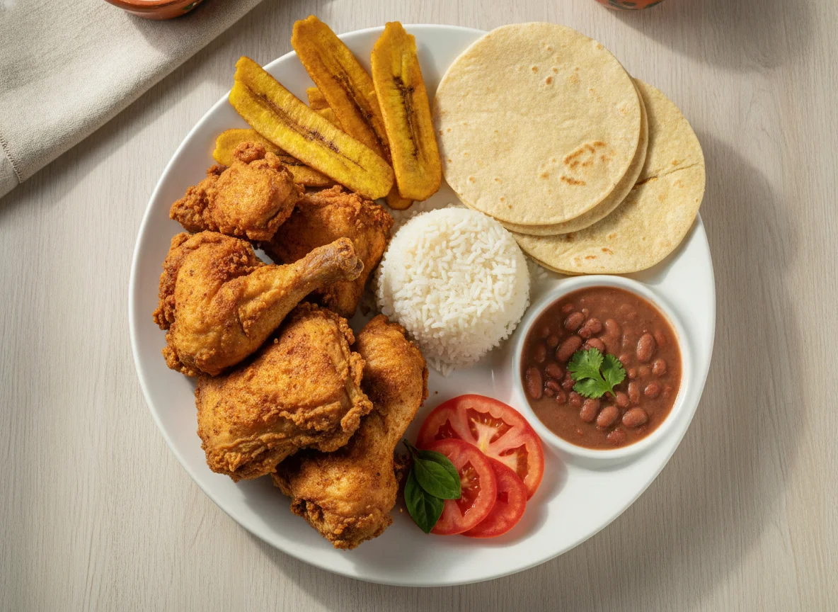Plato típico hondureño con pollo frito, arroz, frijoles y tortillas photo