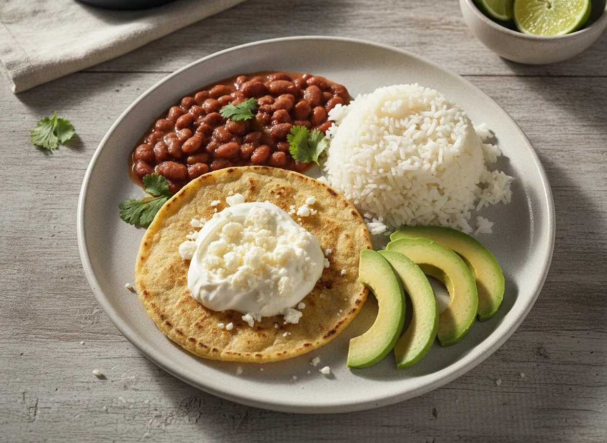 Plato típico hondureño con tortilla, frijoles, arroz y aguacate photo