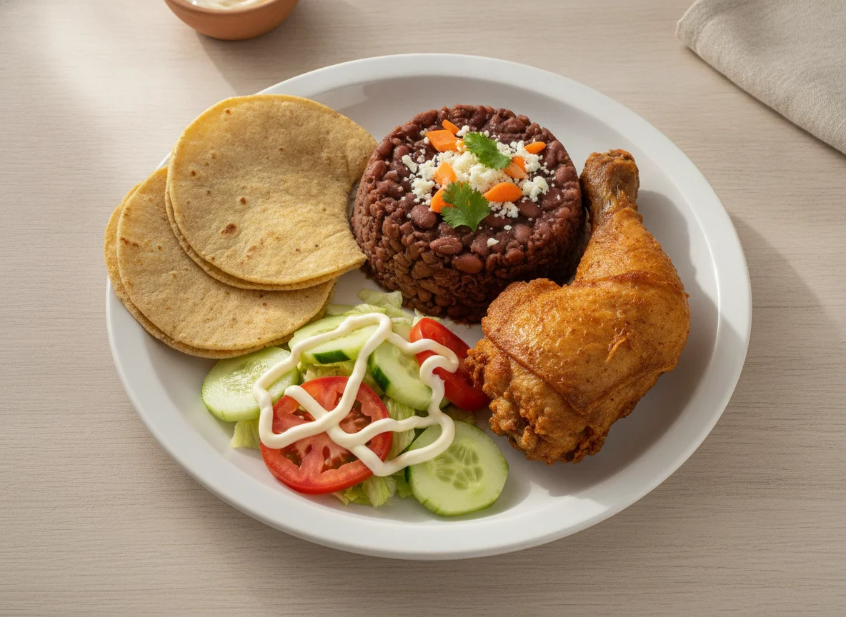 Plato típico nicaragüense con pollo, frijoles y ensalada photo