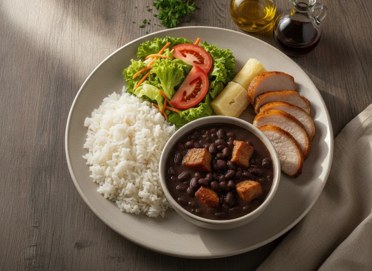Plato típico paraguayo con arroz, porotos, carne de cerdo y ensalada photo